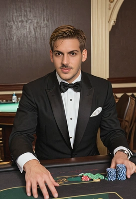 as James Bond  from Casino Royale, in a tuxedo, at a high-stakes poker table