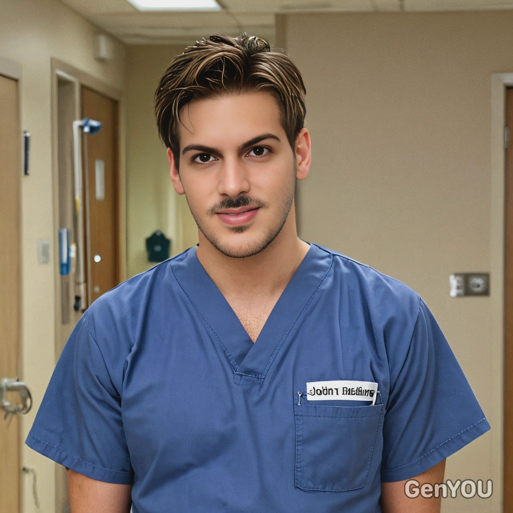 as John "J.D." Dorian  from Scrubs, in plain blue scrubs, in the hospital 