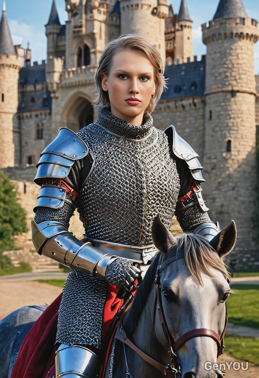 as a knight, in chainmail, on horseback, in front of blurred castle, looking at camera, vivid colors, symmetrical clothing details, 3D video game style, high-quality stylized art