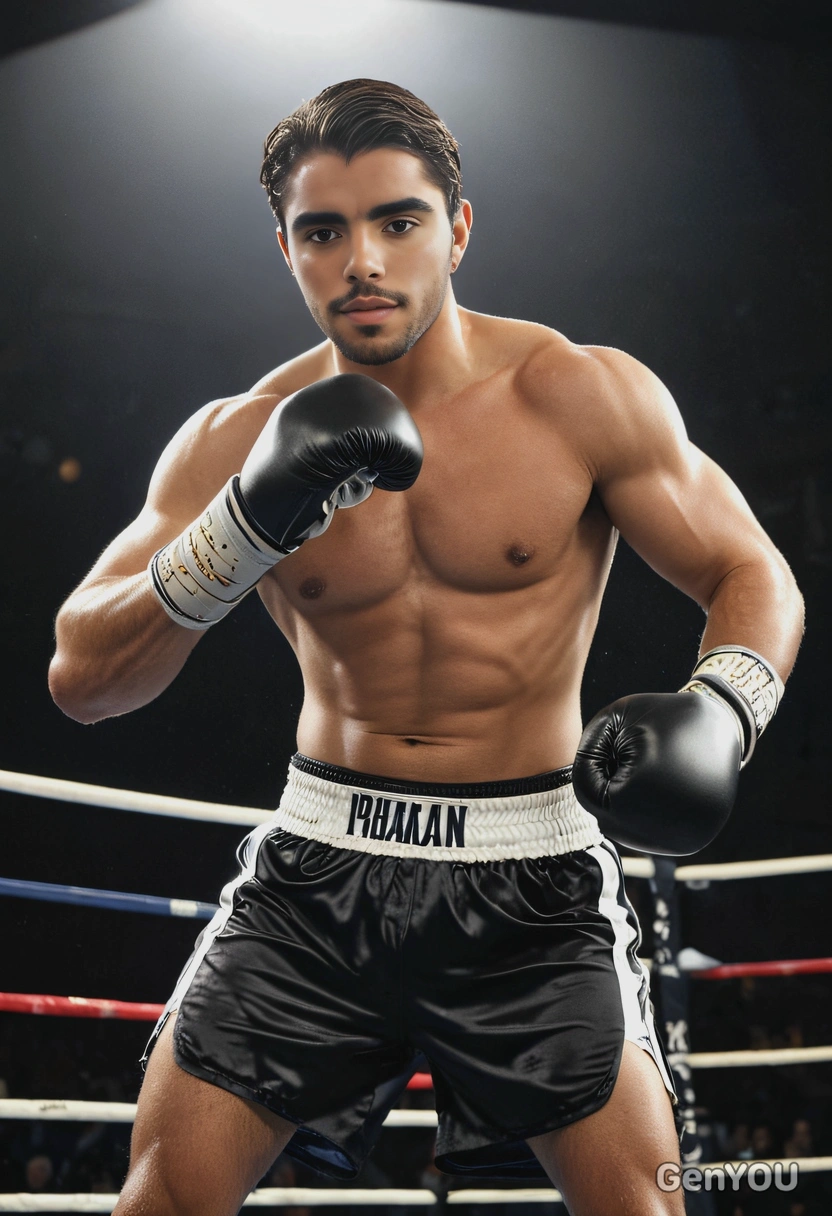 as a boxer, wearing gloves and shorts, standing in a boxer ring under intense lighting