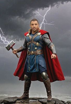 as Thor, wearing his Asgardian armor with a red cape and holding Mjolnir, standing in a storm with lightning crackling around him, full body pose