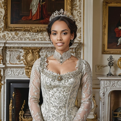 as a Victorian-era queen, standing by an ornate fireplace in a royal drawing room, half body portrait 