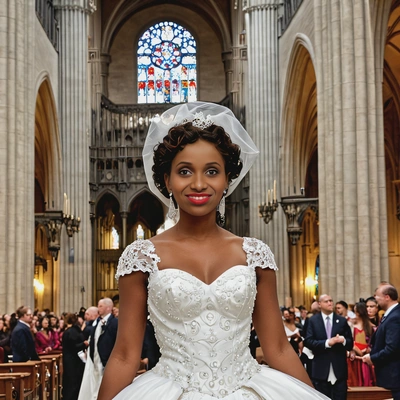 As a bride wearing a dramatic ball gown with a full skirt, standing inside a grand cathedral for a traditional ceremony, close up photo