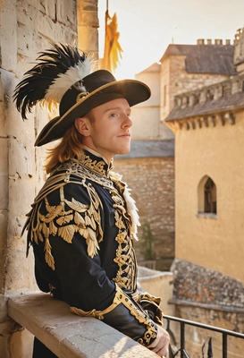 musketeer, wearing feathered hat, on the castle balcony, profile view, relaxed pose, at a bright golden sunrise, soft colors, long shadows
