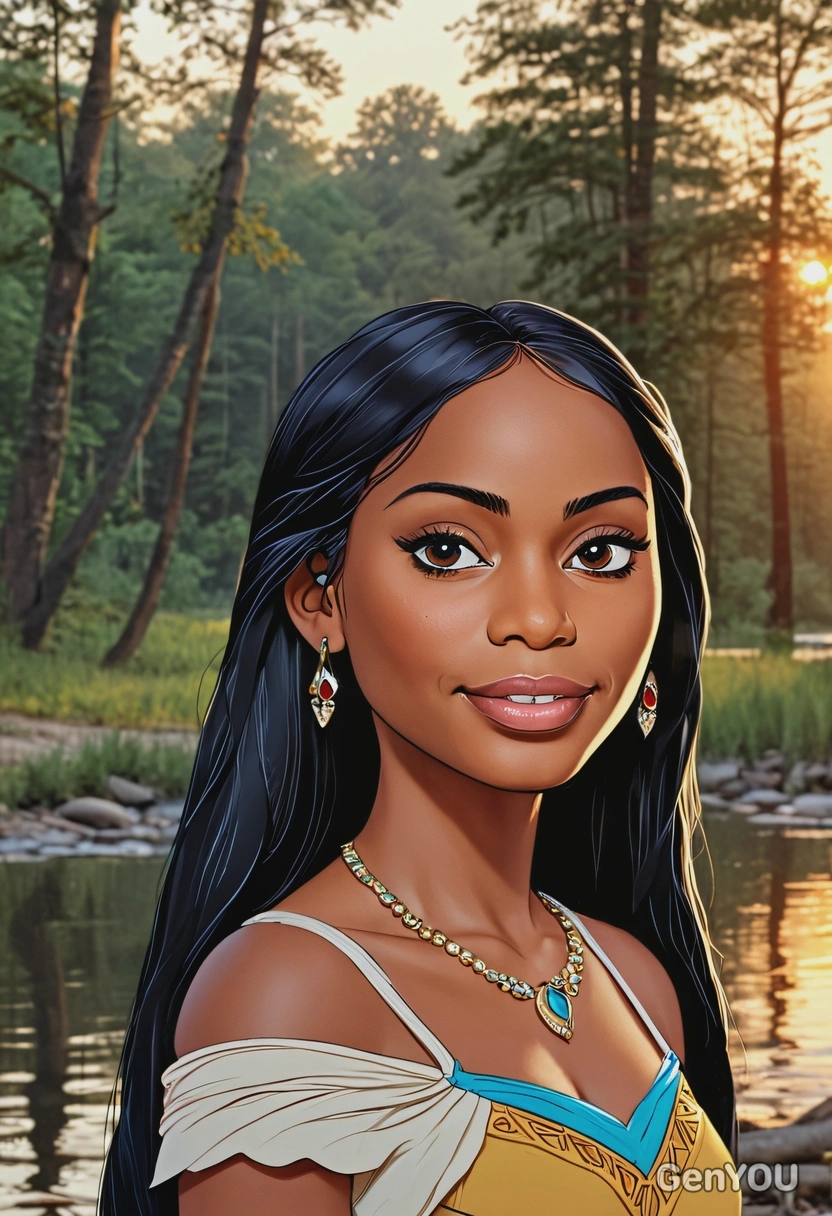 Hand-drawn flat cartoon style, Pocahontas from Pocahontas, oversized cartoon big sparkling eyes, sunset riverbank lighting, waist-up portrait, forest clearing background
