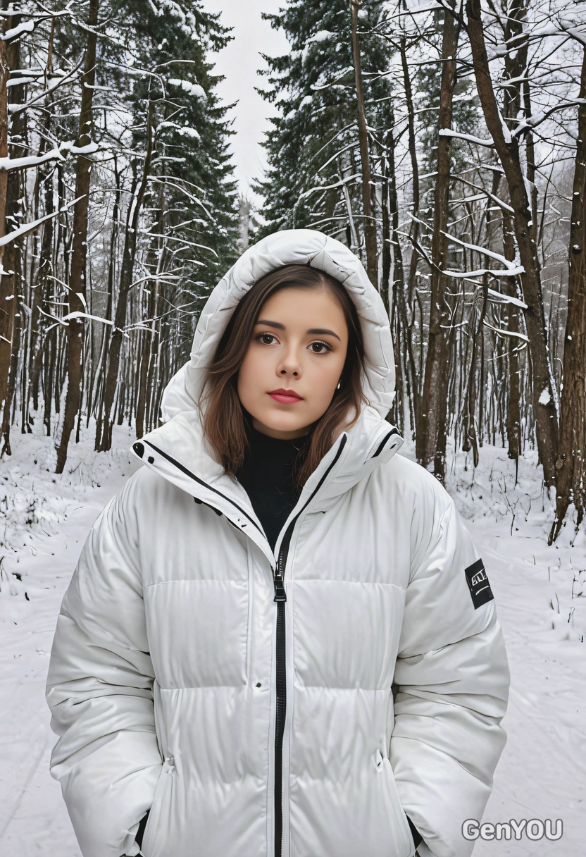 in a puffy winter jacket, with a snowy forest behind