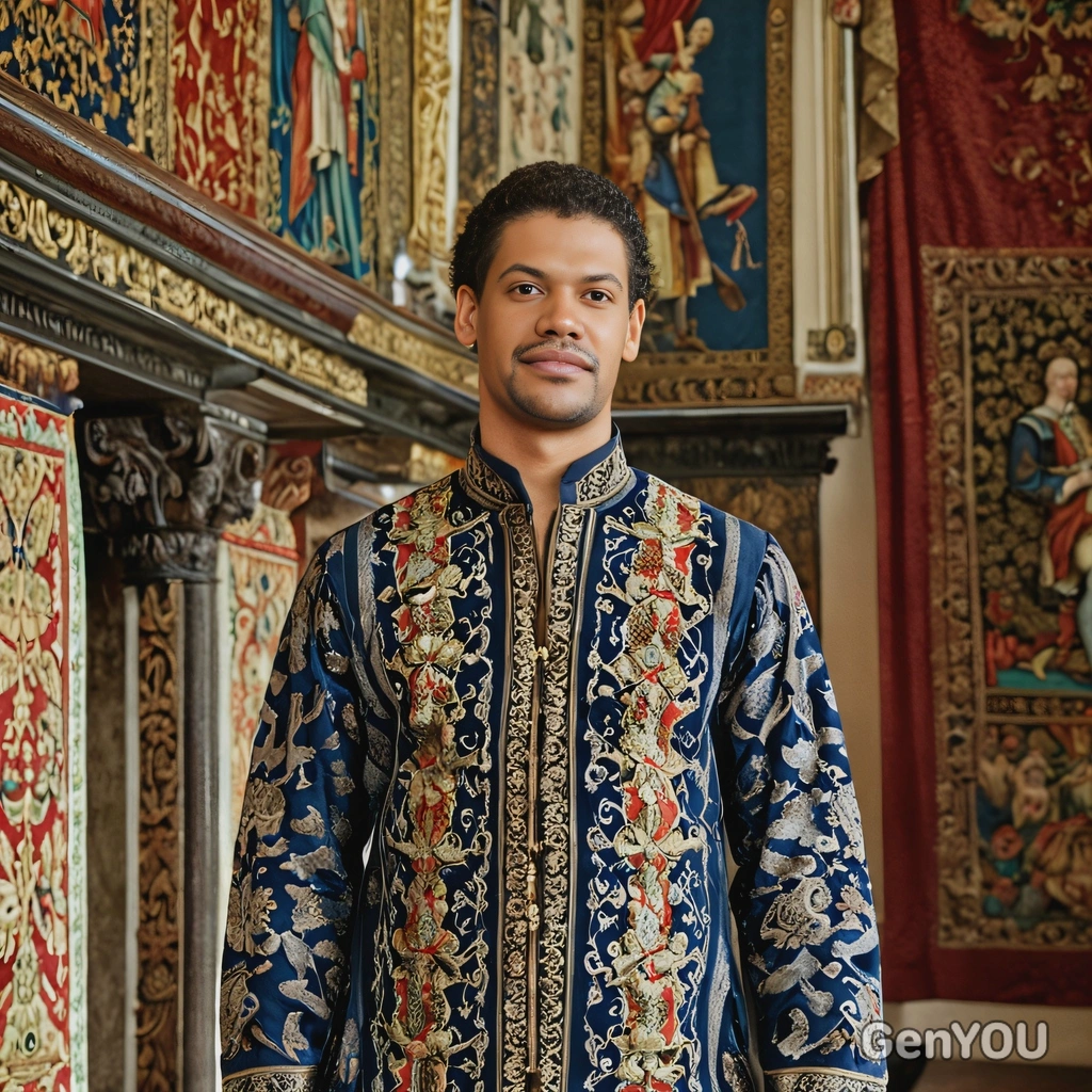 wearing a Renaissance-era tunic and tights, standing in a grand hall adorned with tapestries and ornate furniture, close up photo