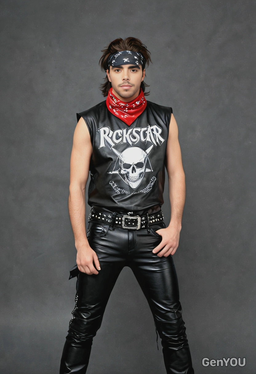as an 80s glam metal fan, in leather pants and a bandana, with a heavy metal band tee, posing rockstar style, against a classic yearbook backdrop 