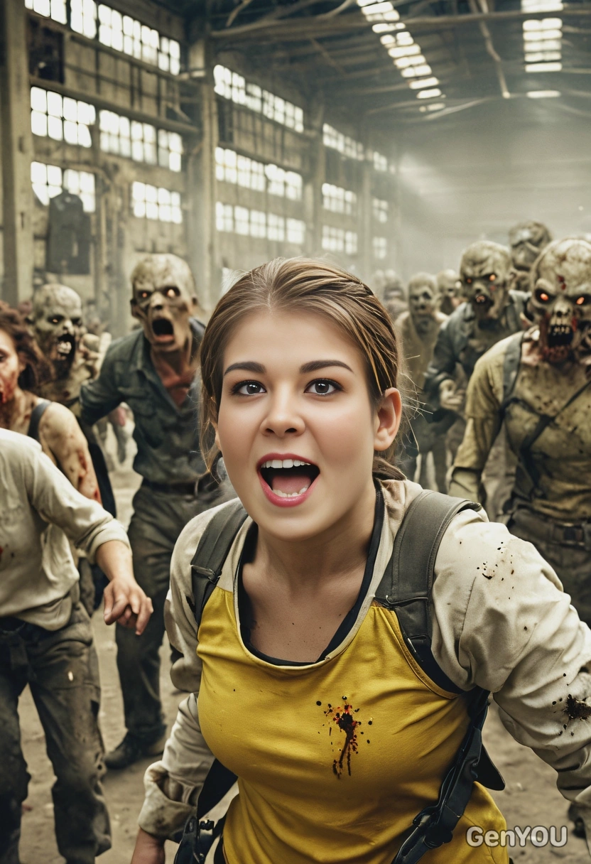 fighting surrounded by zombies, abandoned factory, yellowish colors, high-quality cinematographic style, blurred background, open mouth, screaming