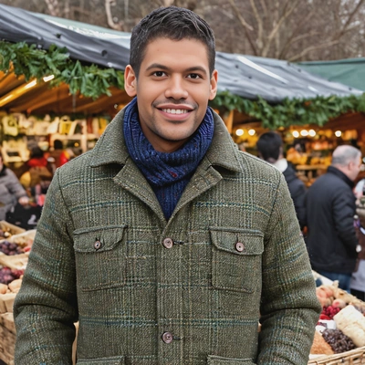 in a tweed jacket, at a winter market, smiling 