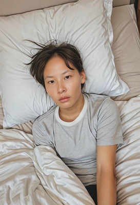 laying in a bed, taking a photo of myself, early morning, view from above