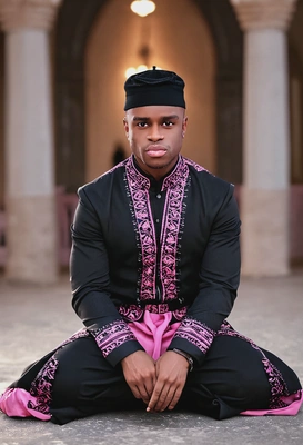 as a stylish man in black and pink outfit, blurred background, sitting turkish-style on the ground, symmetrical details, soft lighing
