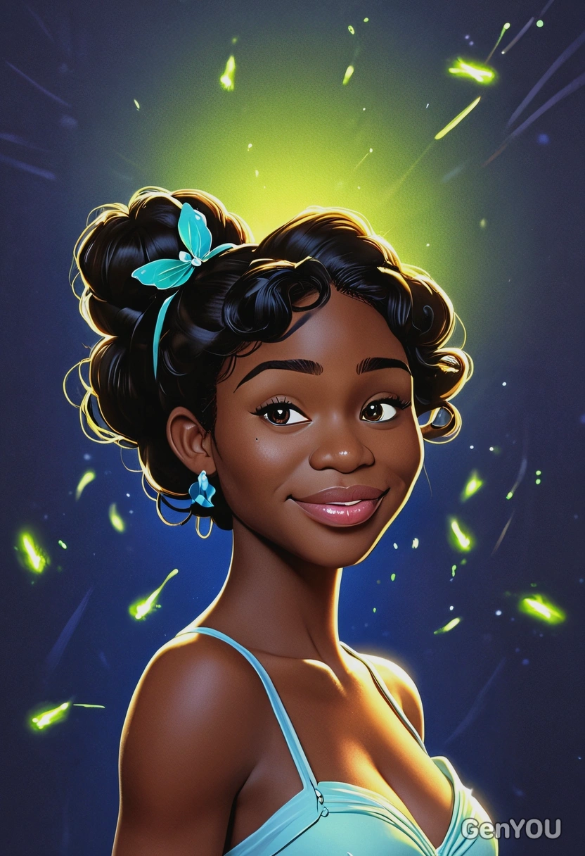 2D cartoon Disney style, Tiana from The Princess and the Frog, waist-up portrait, bold and vibrant multiplications with dynamic, fluid movement, bayou background with glowing fireflies and rich blues