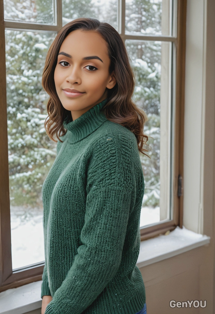 in a soft forest green sweater, by a window with a snowy scene outside, looking at viewer, soft focus background 