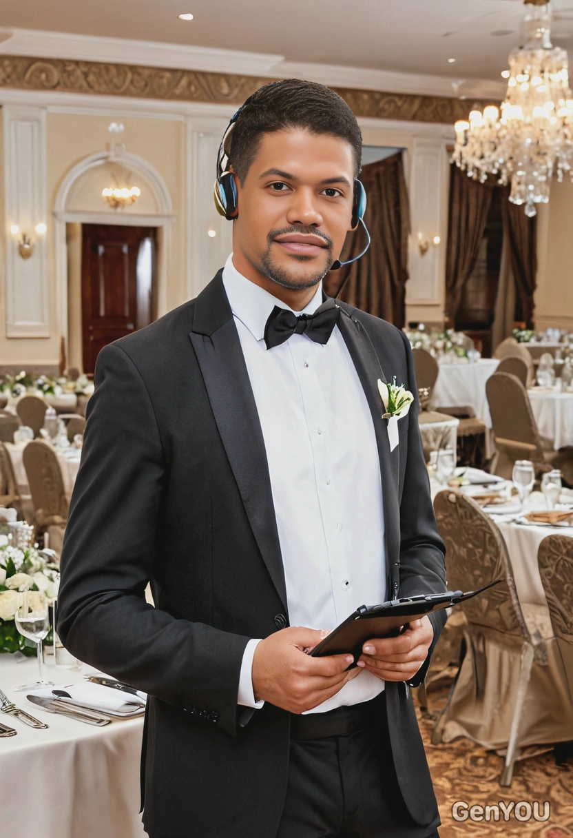 as an event planner in an elegant outfit with a clipboard and headset, standing in a beautifully decorated banquet hall, coordinating the details of a large wedding