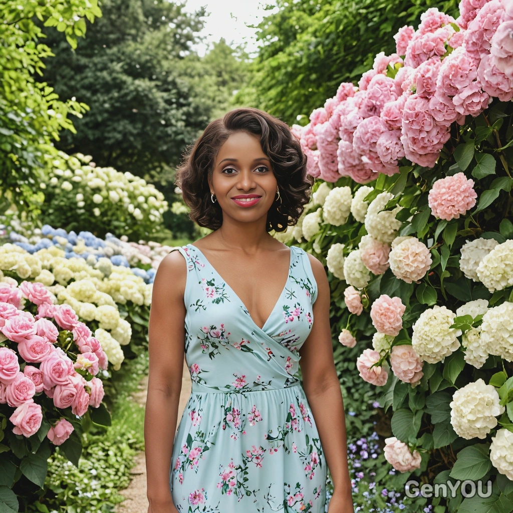 in a pastel-colored maxi dress, standing through a path lined with blooming roses and hydrangeas, half body portrait 