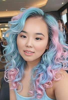 loose curls with a pastel cotton candy blend of baby pink and sky blue, soft focus, blurred background