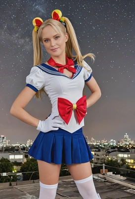 as Sailor Moon, wearing a sailor suit with a red bow and white gloves, standing on a rooftop under a starry sky, hands on hips, full body 