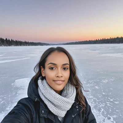 selfie, on a frozen lake, the early morning sky just beginning to lighten