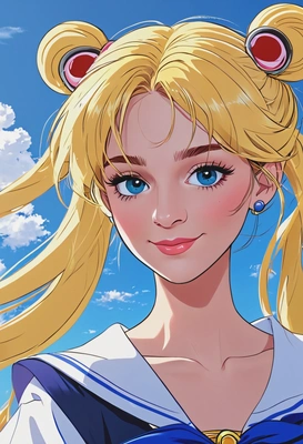 2D anime style, flat, ink outlines, In Sailor Moon anime as Usagi, soft smile, oversized anime eyes, bright blue sky background, waist-up framing