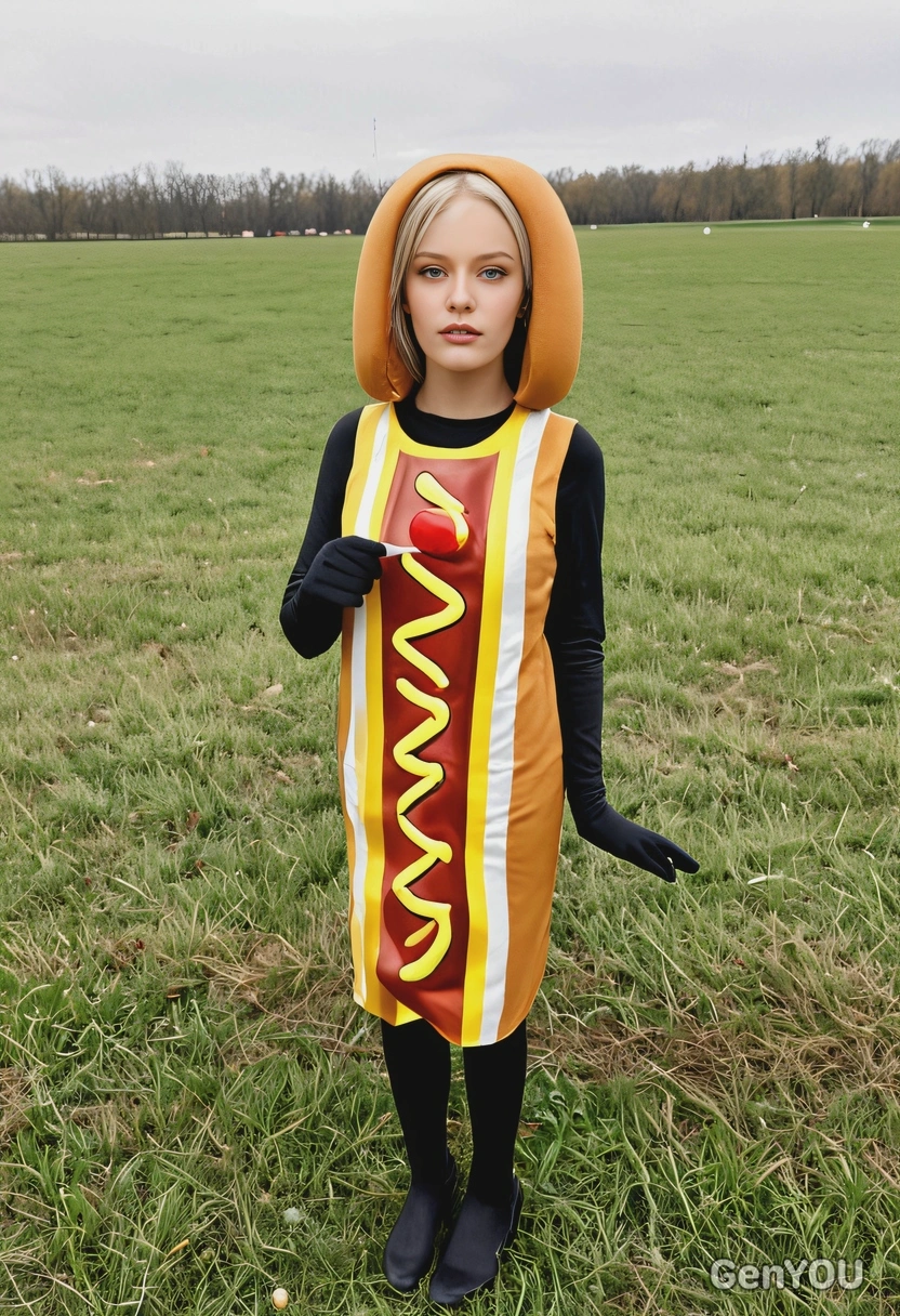 wearing a hot dog costume, standing in a completely empty field