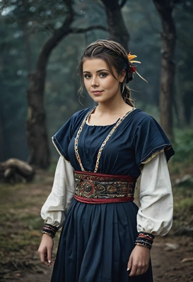 folklore, traditional roman dress, dark atmosphere, blurred background