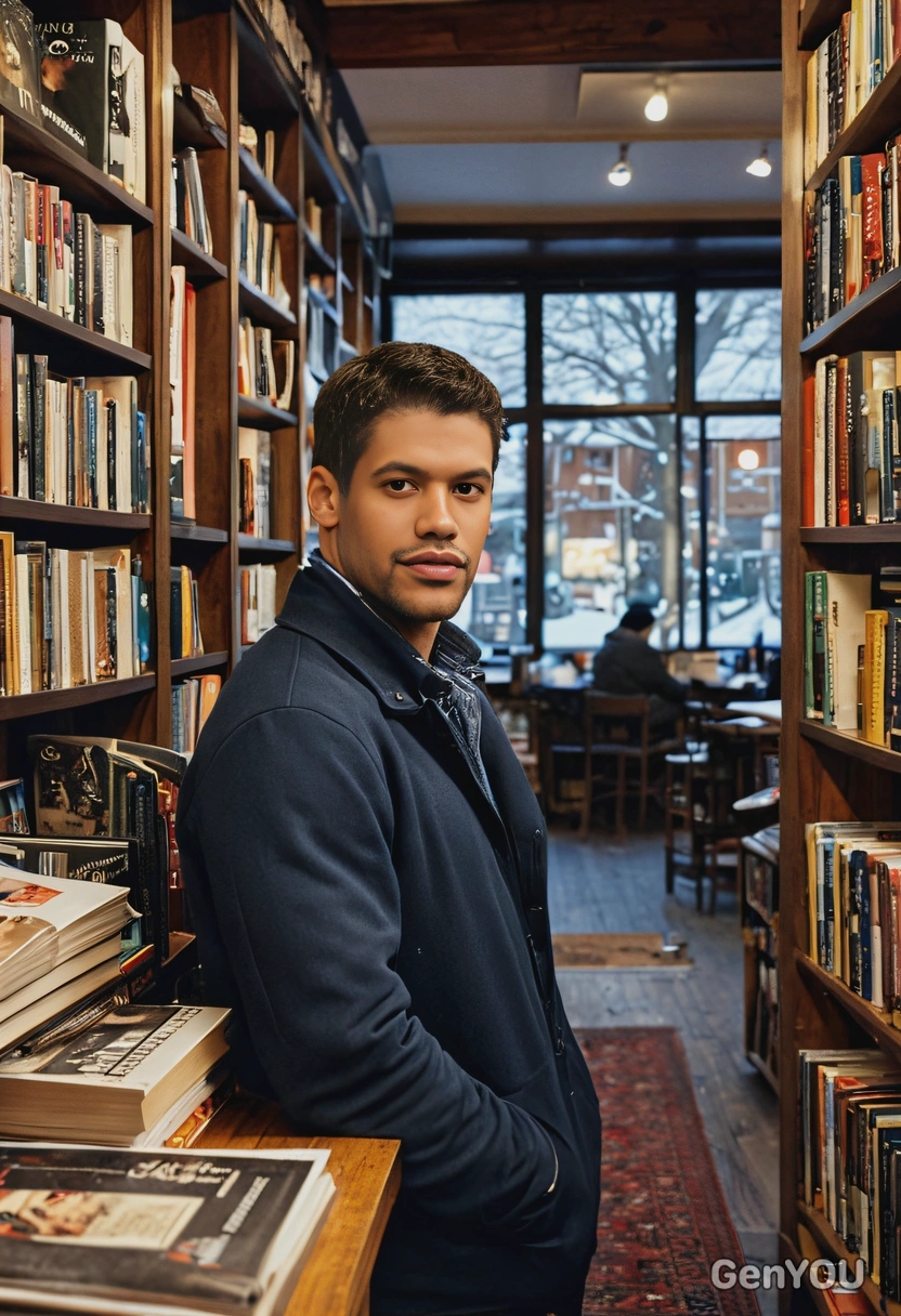 mid-shot, in a cozy, dimly lit bookshop with a view of the snowy street outside, looking at viewer 