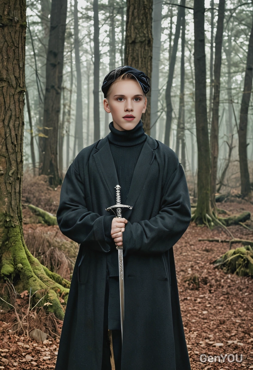as Kim Shin (Goblin) from Guardian: The Lonely and Great God, dressed in a long dark coat and turtleneck sweater, holding a sword in a mystical forest setting.