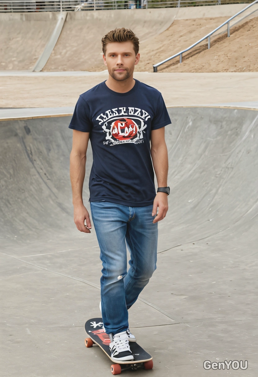 as a man, riding a skateboard down in a skateboard park, wearing a casual t-shirt and jeans