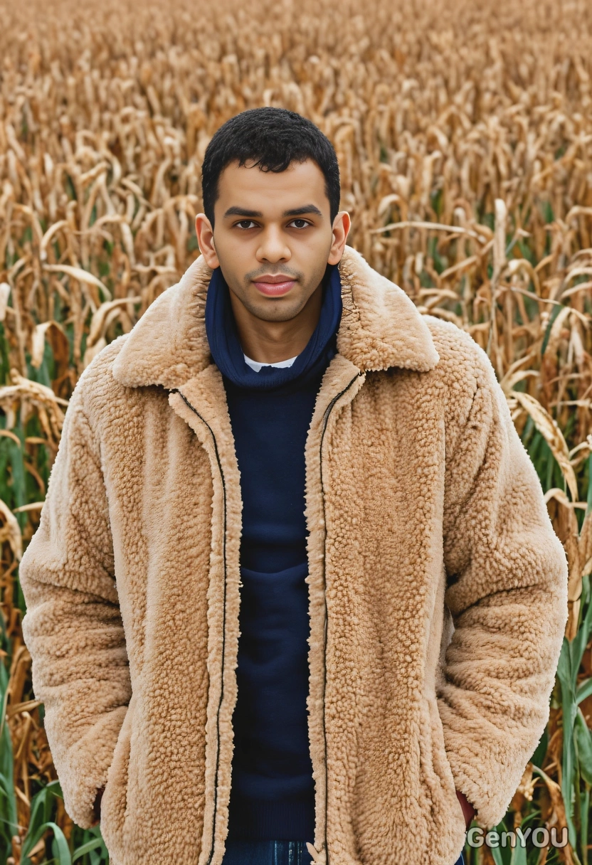 in a fur-lined jacket, standing in autumn cornfield 