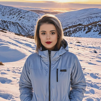 in a thermal jacket, standing on a snowy hill at sunrise