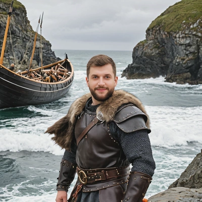 as a Viking warrior, dressed in fur and leather armor, standing on a rocky coastline with a longship in the background, the ocean waves crashing against the shore