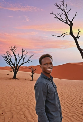 As a tourist, exploring the red sand dunes and skeletal trees at Namib Desert, sunset, confident 