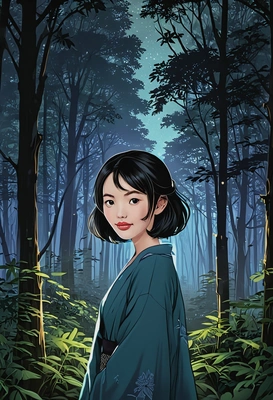 in a night forest, serene atmosphere, anime style, big eyes, manga drawing