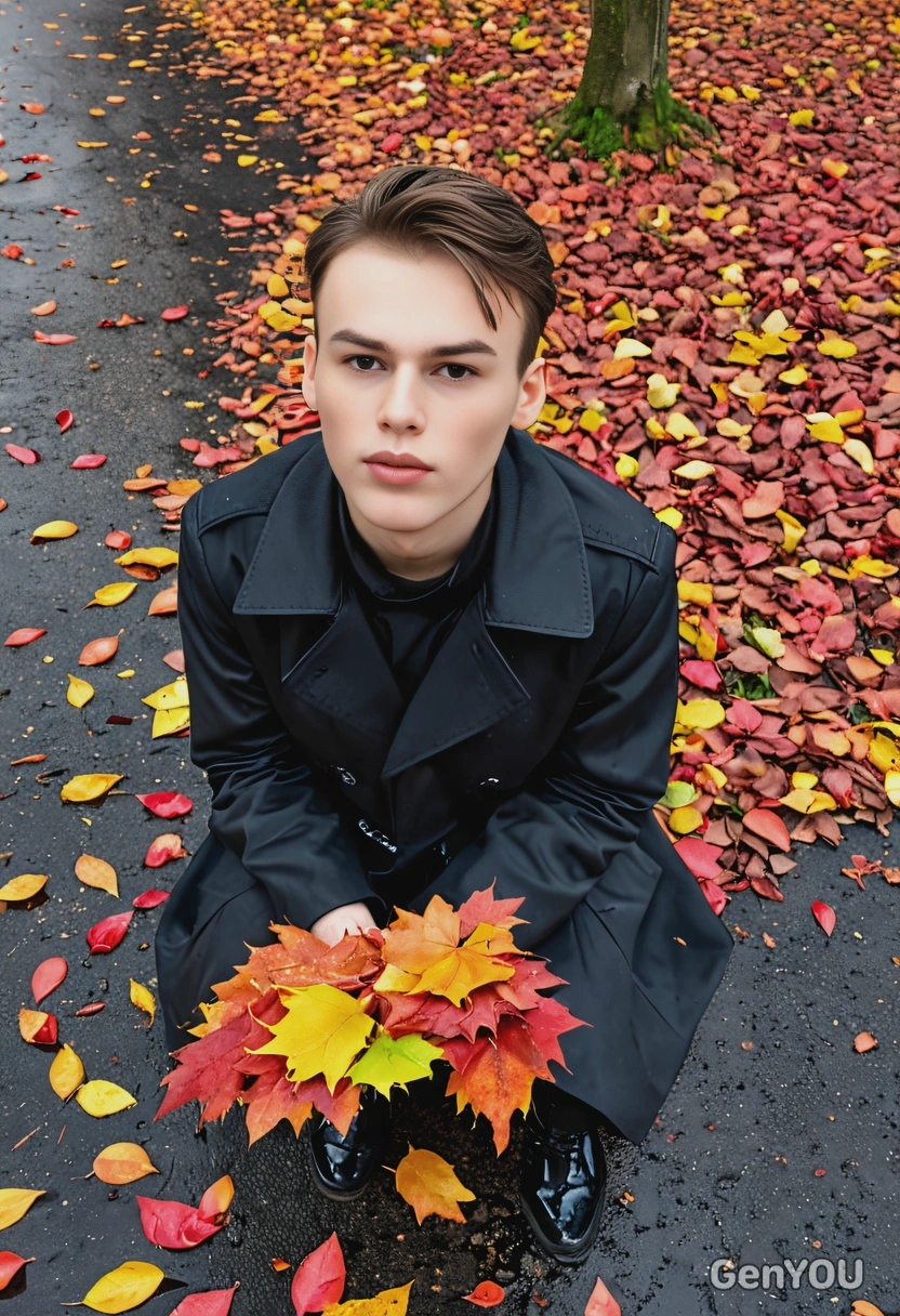 on a rainy autumn day, in black coat, with colorful leaves on the wet ground