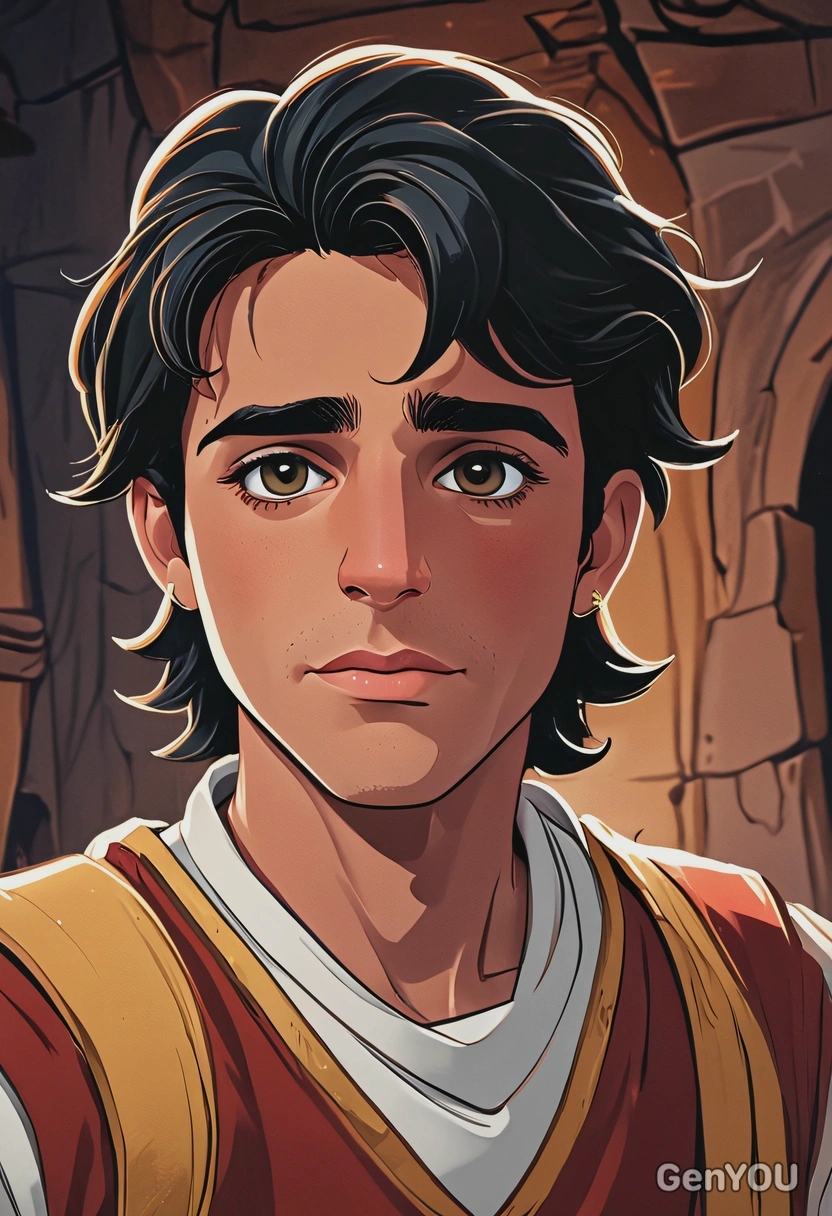 Hand-drawn flat cartoon style, Cassim from Aladdin and the King of Thieves, oversized cartoon eyes, treasure glow lighting, waist-up portrait, thieves' lair background