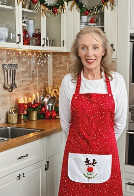 wearing a Christmas-themed apron, in a cozy kitchen with holiday decorations