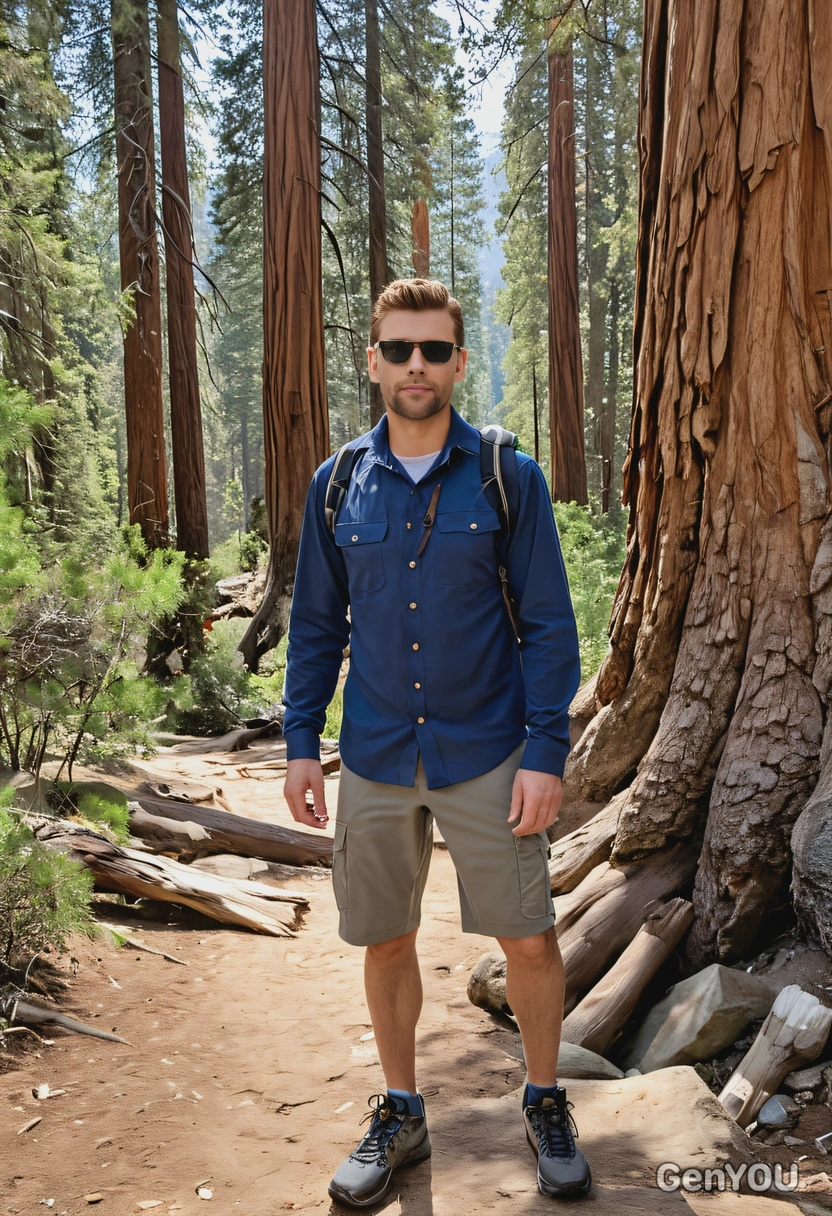 As a hiker, walking around Sequoia National Park in California, with sunglasses, full body 