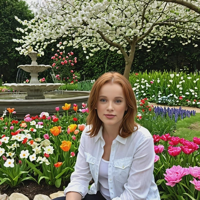 sitting by a fountain in a spring garden, with flowers in full bloom around