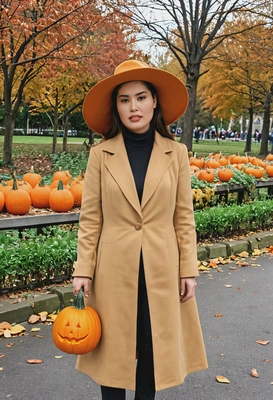 with a carved pumpkin, wearing a wide-brimmed hat and long coat