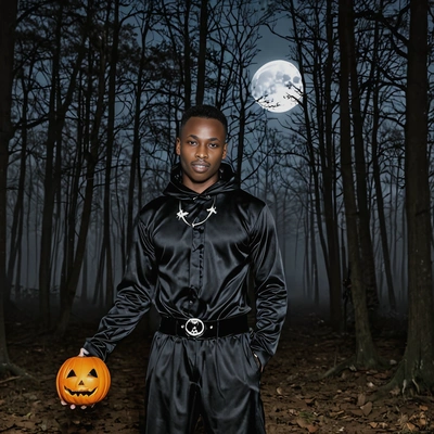 posing in front of a full moon in a dark forest, wearing a halloween outfit