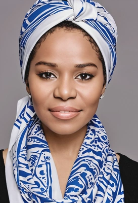 with matte makeup, featuring a smooth and non-shiny finish, head scarf, white and blue east-european motives