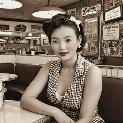 in 1950s rockabilly style, sitting in a retro diner booth, with a soft sepia effect