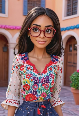 3D Disney cartoon style, Mirabel from Encanto, wearing embroidered blouse and glasses, oversized cartoon big sparkling eyes, waist-up pose, colorful casita courtyard