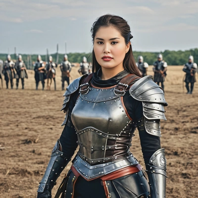 as a medieval warrior queen, wearing leather armor , standing on a battlefield with her army in the distance