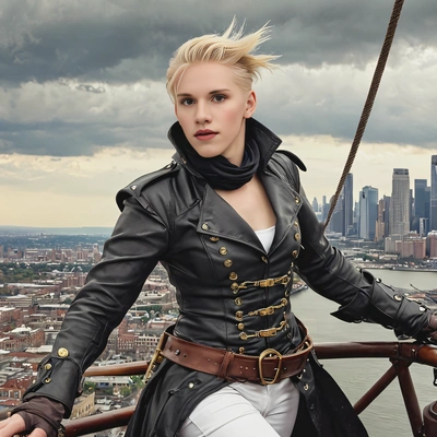 as a Steampunk pirate, in a worn leather coat, steering a flying ship above a city skyline