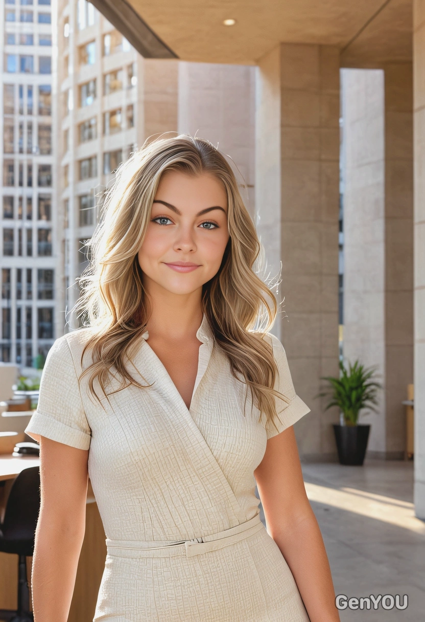 as a lady boss in a casual cream-colored fitted dress, cool standing, serious look, voluminous hair, a mid-body photo, blurry office building background, sharp skin texture details, sunrise lighting