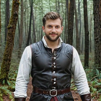 As the Huntsman from Snow White, wearing a rugged leather tunic, standing in the depths of a dark forest