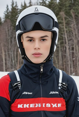 as a ski jumper, wearing a full ski suit and helmet