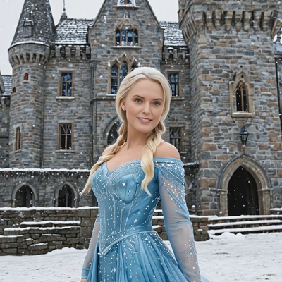 As Elsa from Frozen, wearing a shimmering ice-blue gown, standing in front of a castle made of ice, with snowflakes gently falling around her
